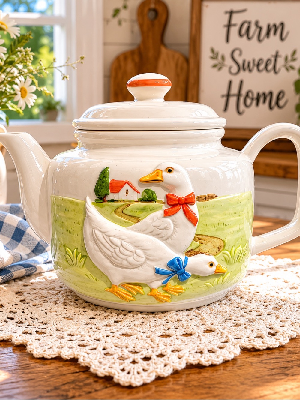 Vintage Hand Crafted Otagiri Teapot Embossed Ducks Made in Japan country core